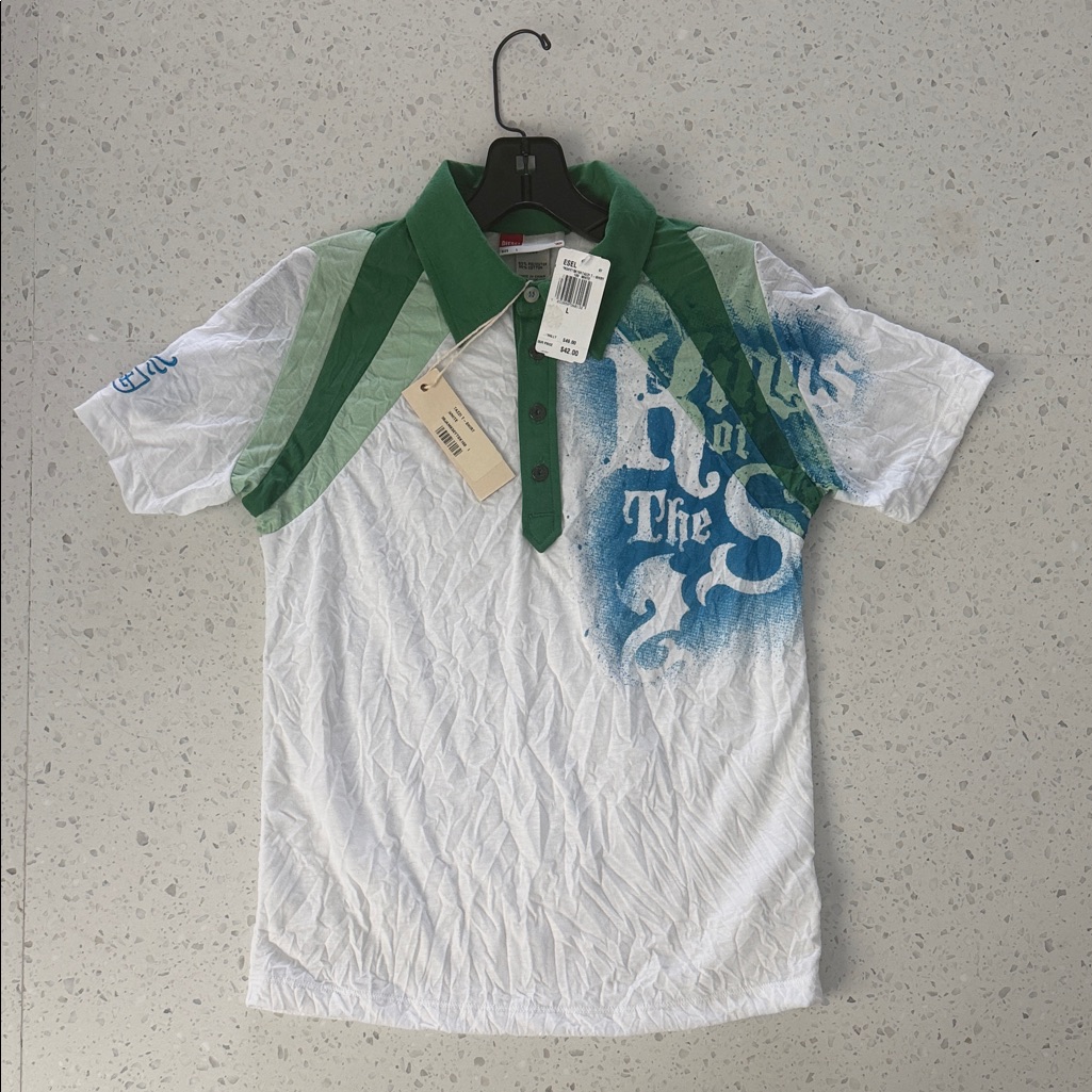 Diesel Green White Polo Shirt Blue Graphic Kids Size Large Nwt Brand New